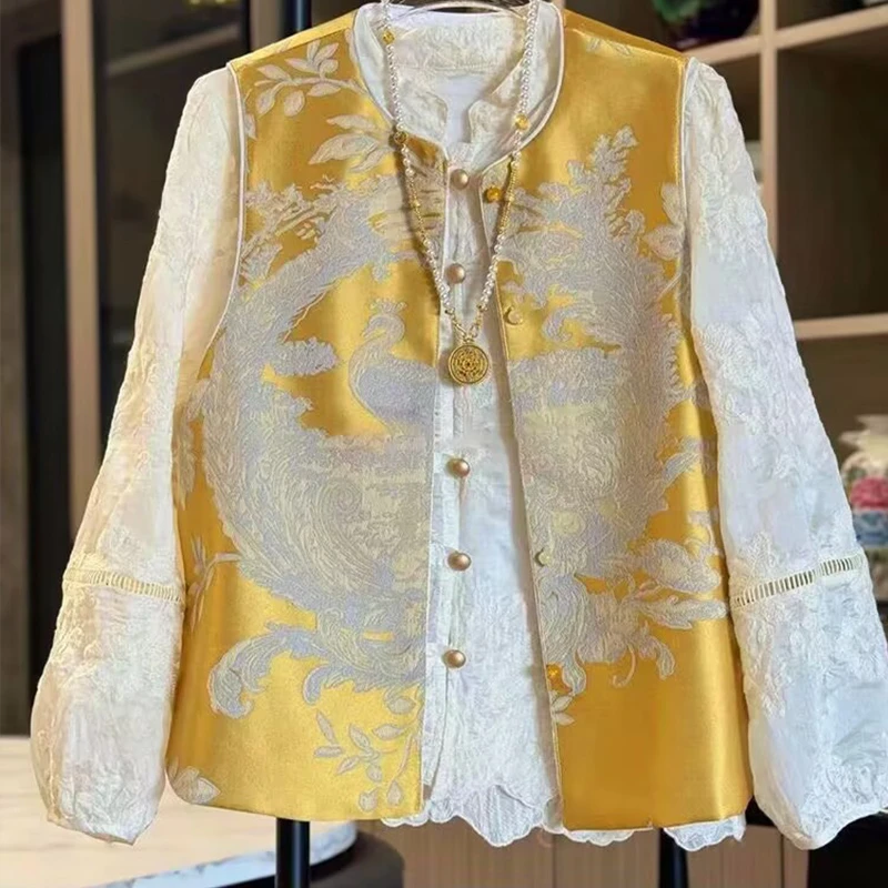 新中式复古国风提花刺绣马甲上衣洋气中老年女装重工刺绣马夹坎肩