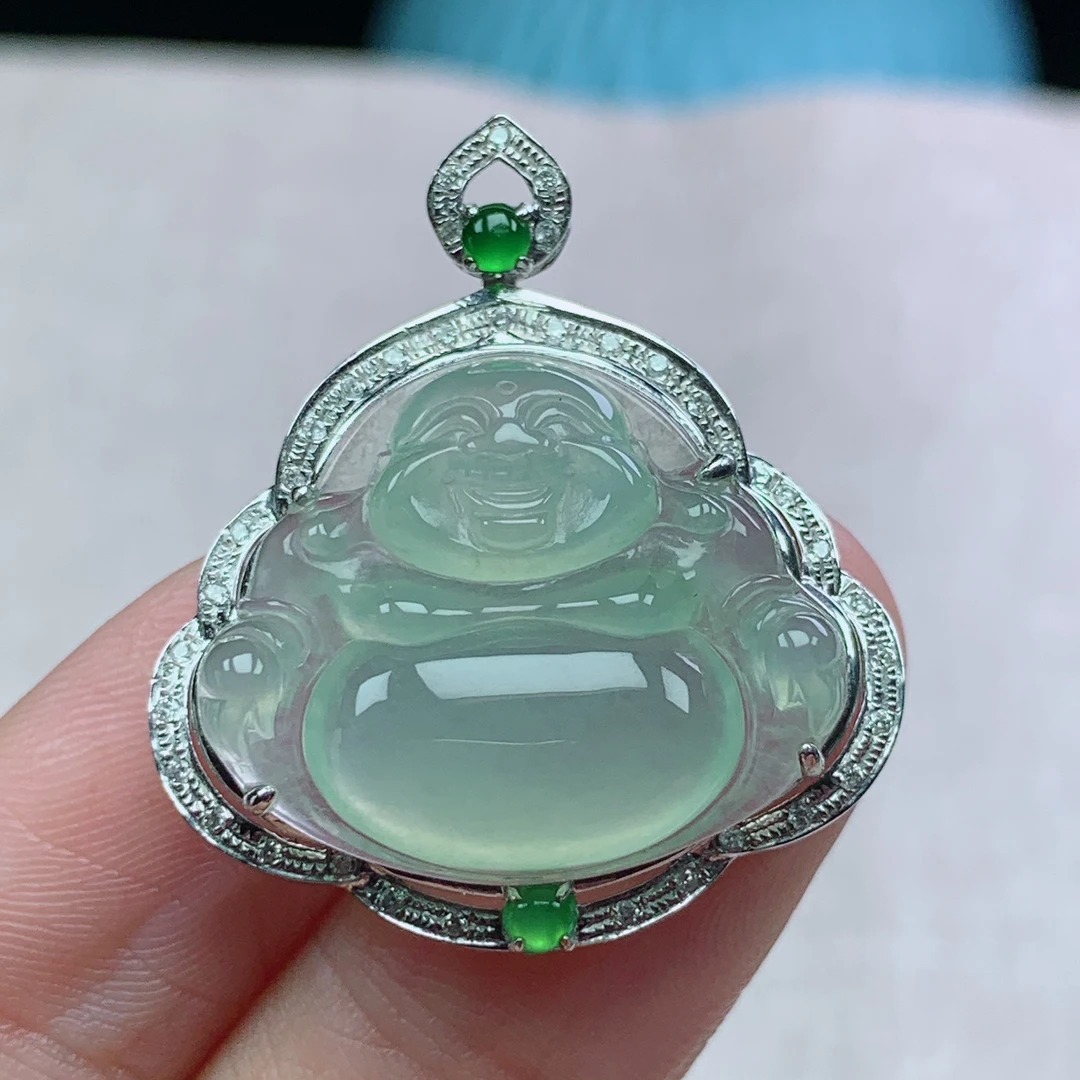 y缅甸天然翡翠A货32-28.3-9.8玉石18k金镶嵌冰种晴水佛公吊坠礼物