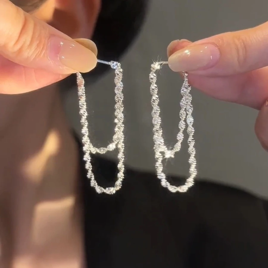 合金耳饰 银色波光粼粼双层链条流苏耳环女2025新款轻奢百搭耳饰
