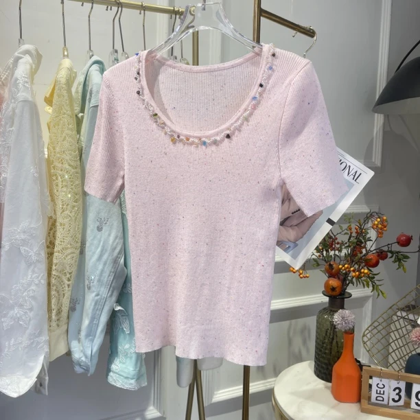 重工钉珠设计感百搭T恤时尚轻奢简约大圆领针织衫