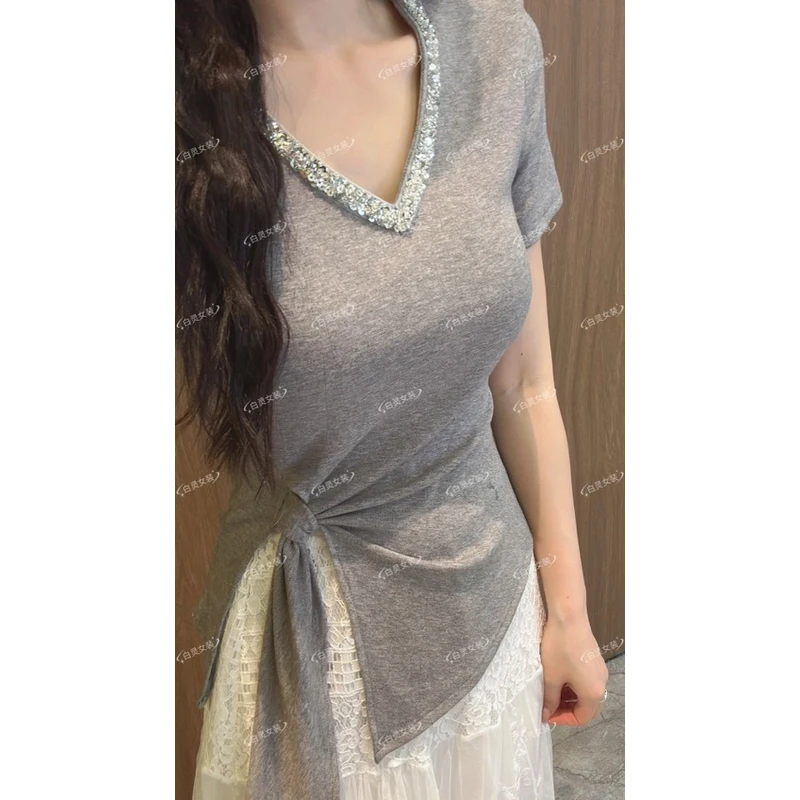 1（3169）修身性感常规系带绑带时尚显瘦T恤长款上衣