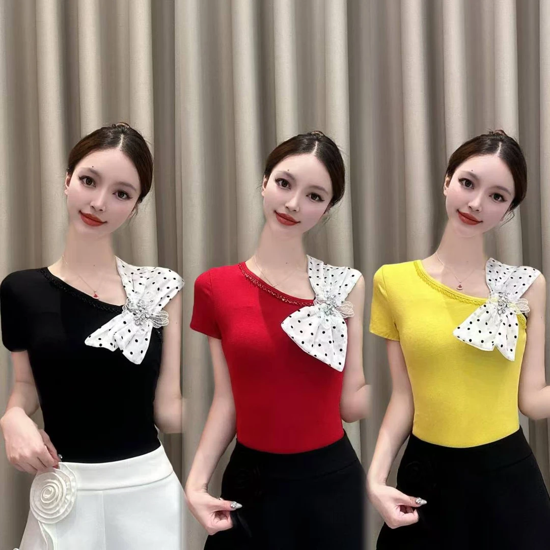 【香岛巴黎】夏季亮钻蝴蝶结露肩短袖T恤时尚百搭修身显瘦气质潮流