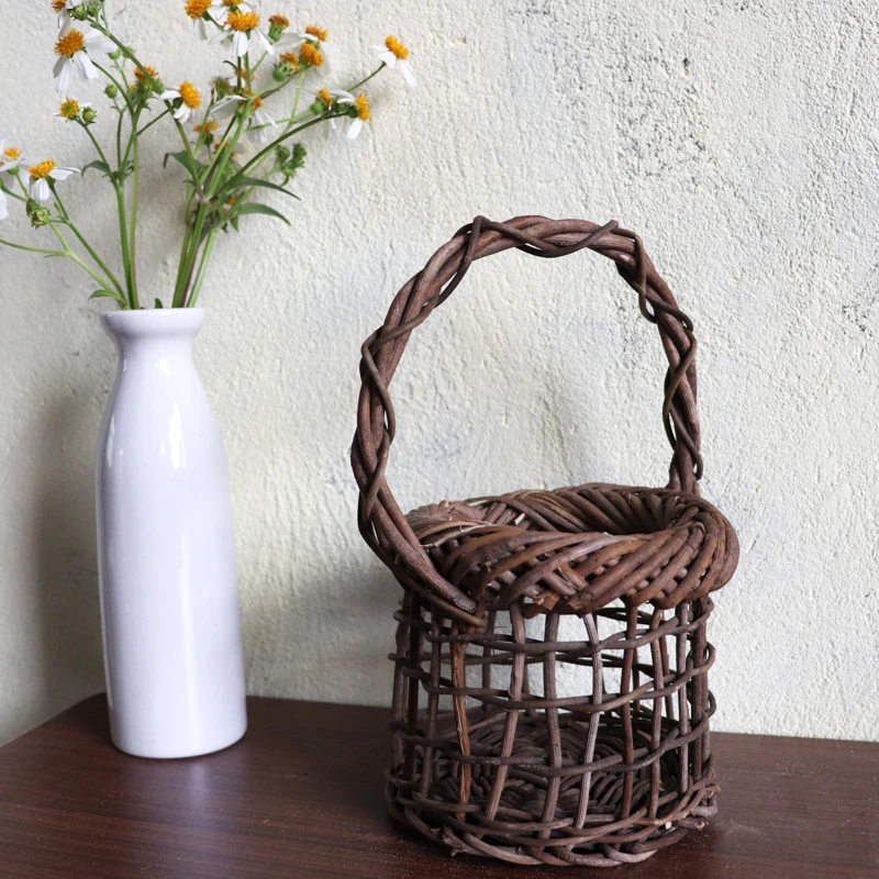 日系迷你小花篮藤编花篓手工编织小提篮镂空花器花筒仿古吊篮花盆