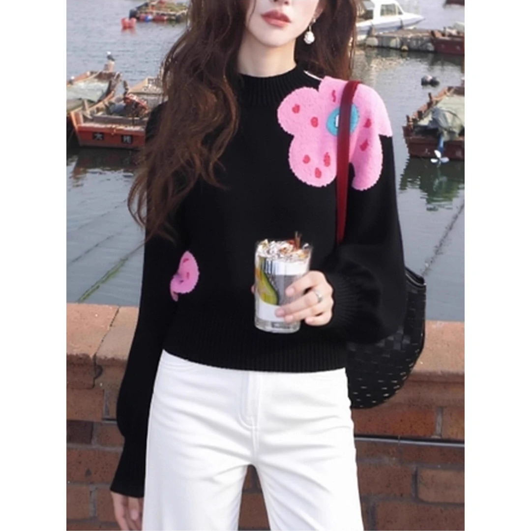 早秋氛围感穿搭上衣韩系小众不撞款洋气减龄高级感黑色印花毛衣女