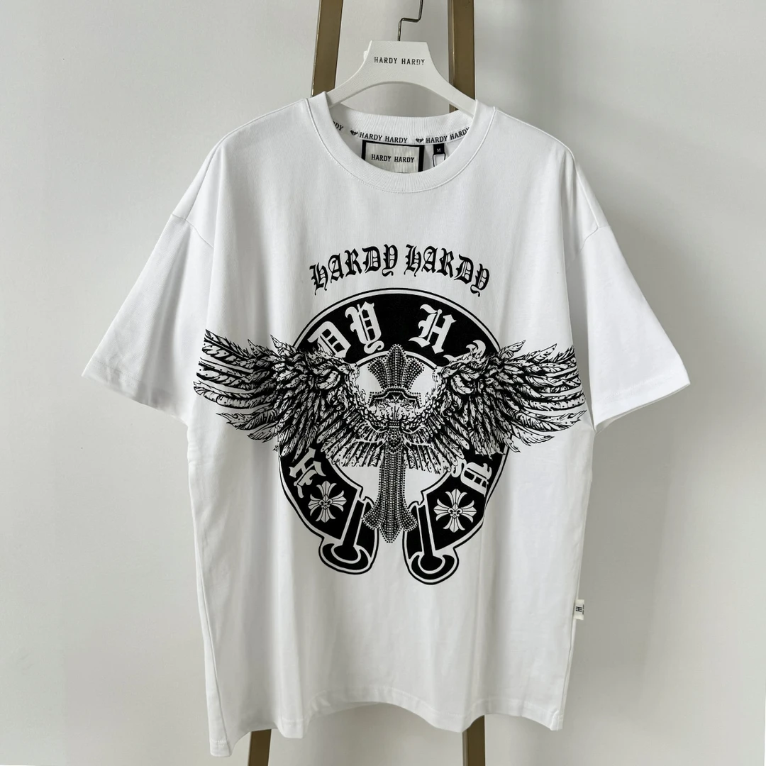 S260纯棉潮流时尚圆领烫钻羽毛十字架短袖t恤男女同款