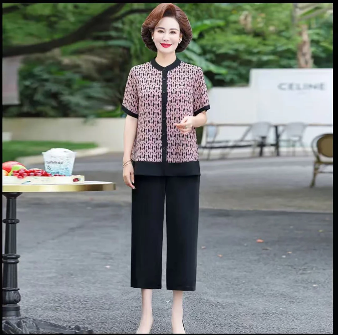 9176-妈妈装阔腿裤女装大码小衫妈妈套装50+岁夏装[E仓东楼梯]