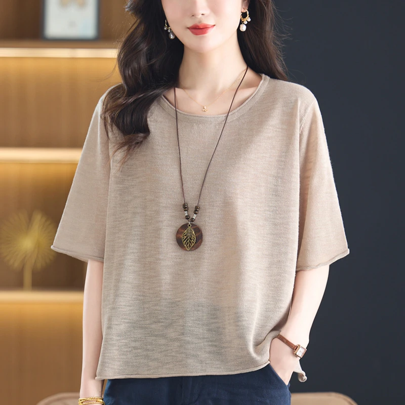 洋气减龄大码薄款冰丝针织上衣女宽松遮肚子显瘦夏季百搭短袖T恤