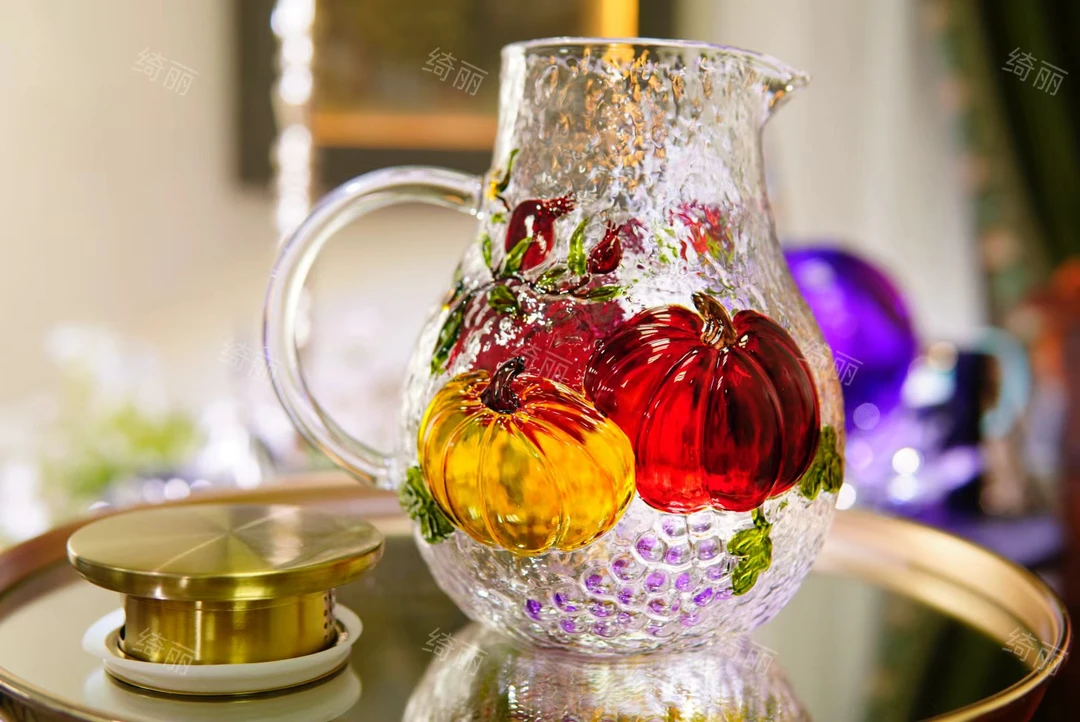 新款浮雕彩绘南瓜冷水壶耐热玻璃田园风家用带把客厅防爆凉水壶