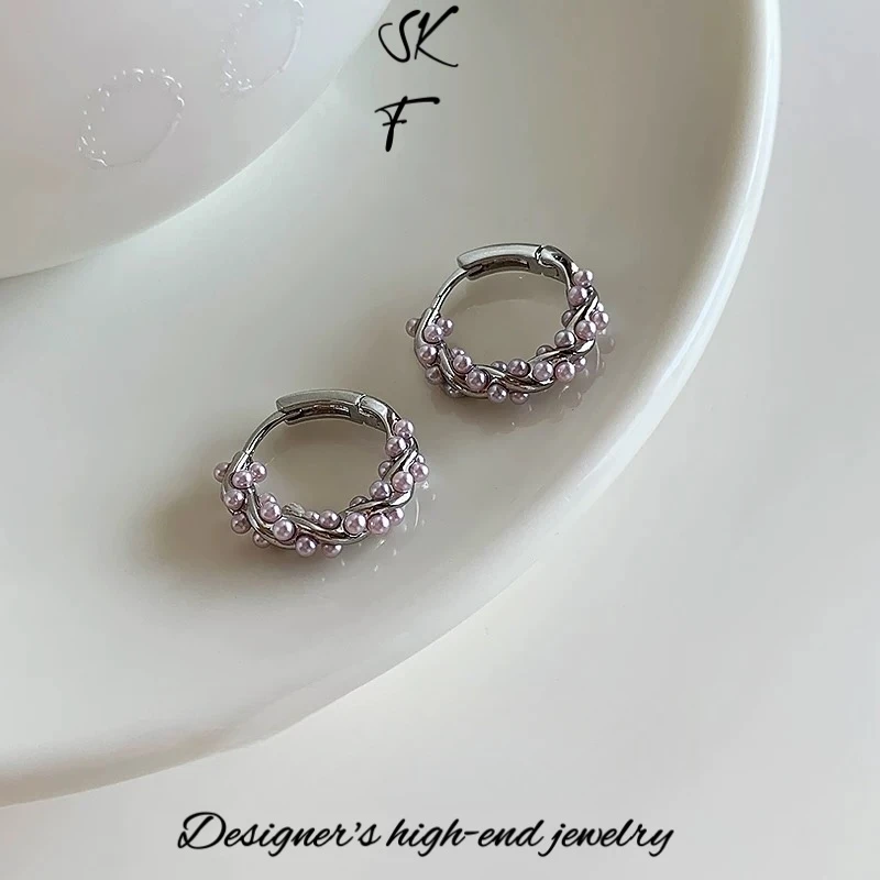 铜合金耳饰 高级感紫色珠珠耳扣耳环温柔小众设计耳钉F2003