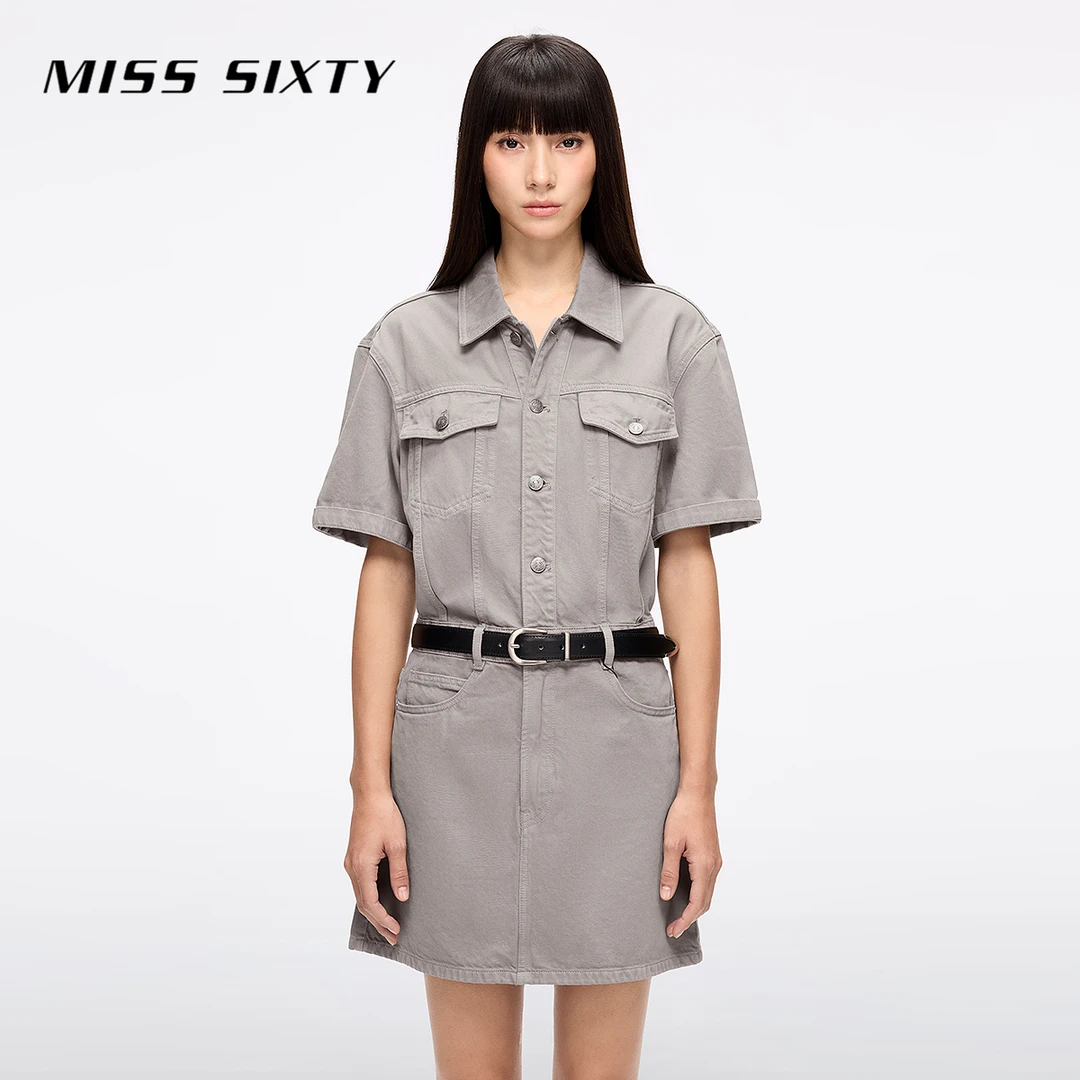 Miss Sixty2025夏季新款牛仔连衣裙女配腰带翻领短袖复古工装短裙