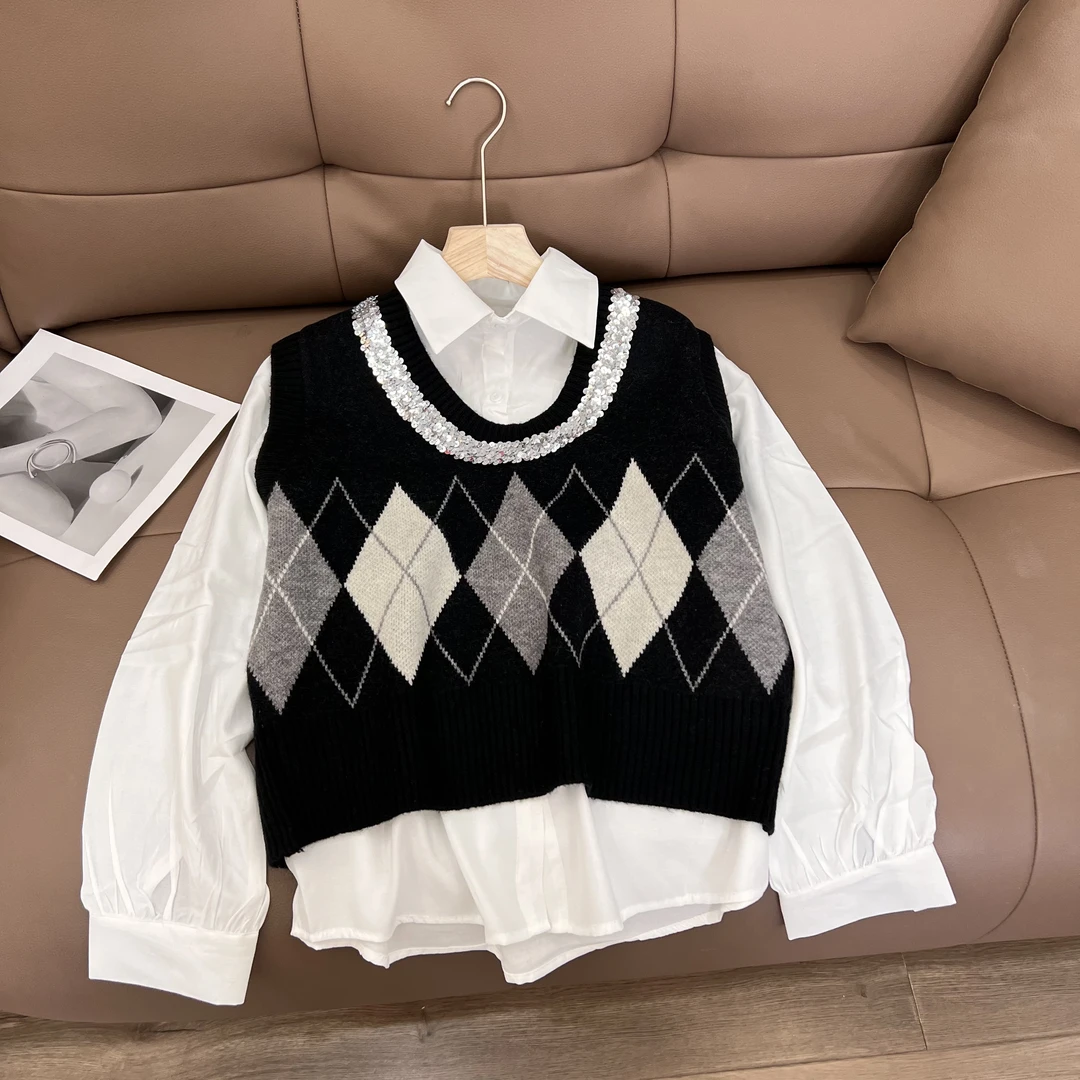 【叶子服饰】新款时尚菱形格子马甲两件套2513