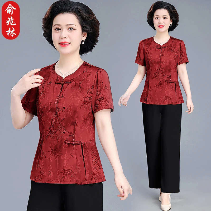 俞兆林妈妈装夏装中式短袖T恤中老年女夏季贵夫人洋气上衣两件套