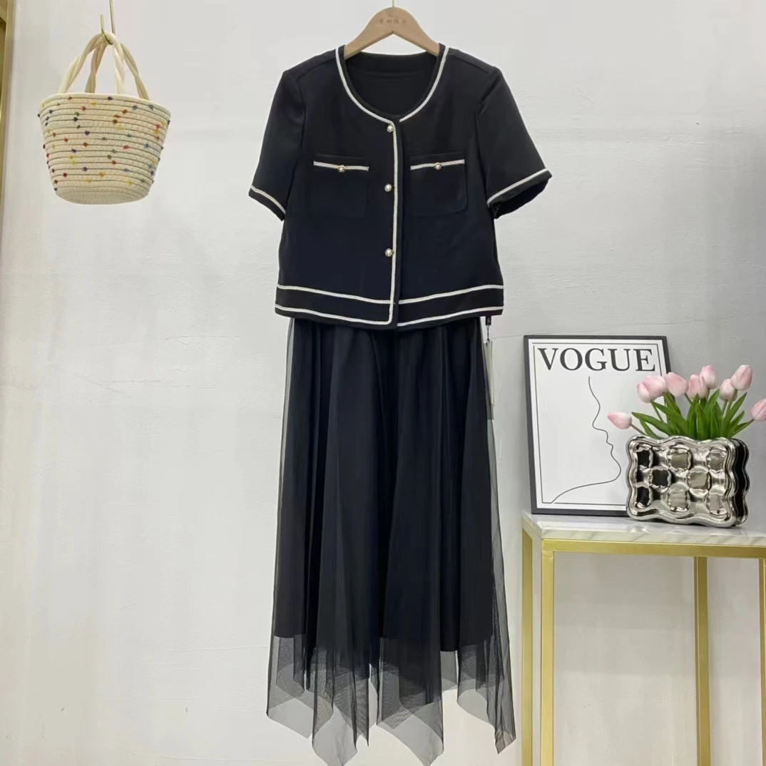 【HT359】软网上拼接夏两件套套裙