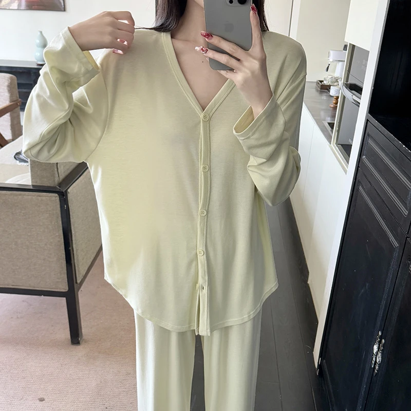 睡衣女2025春季新款睡衣女舒适简约长袖开衫家居服薄款纯色可外穿