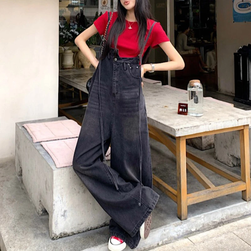 黑灰色复古高级感时尚减龄牛仔背带裤女夏季新款宽松休闲直筒长裤