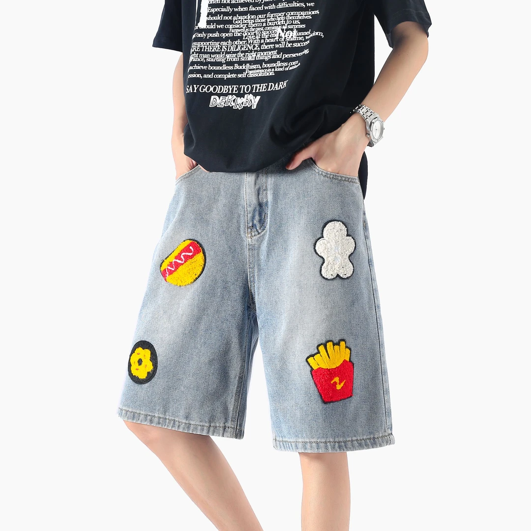 York Zoom夏季新款美式汉堡薯条毛巾绣牛仔短裤男女宽松五分裤