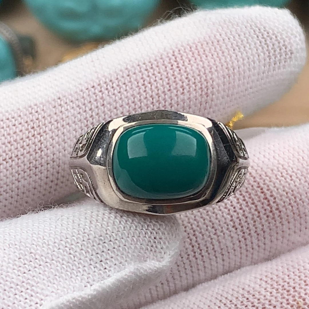 绿松石配饰银S925镀金镶嵌男戒可调节