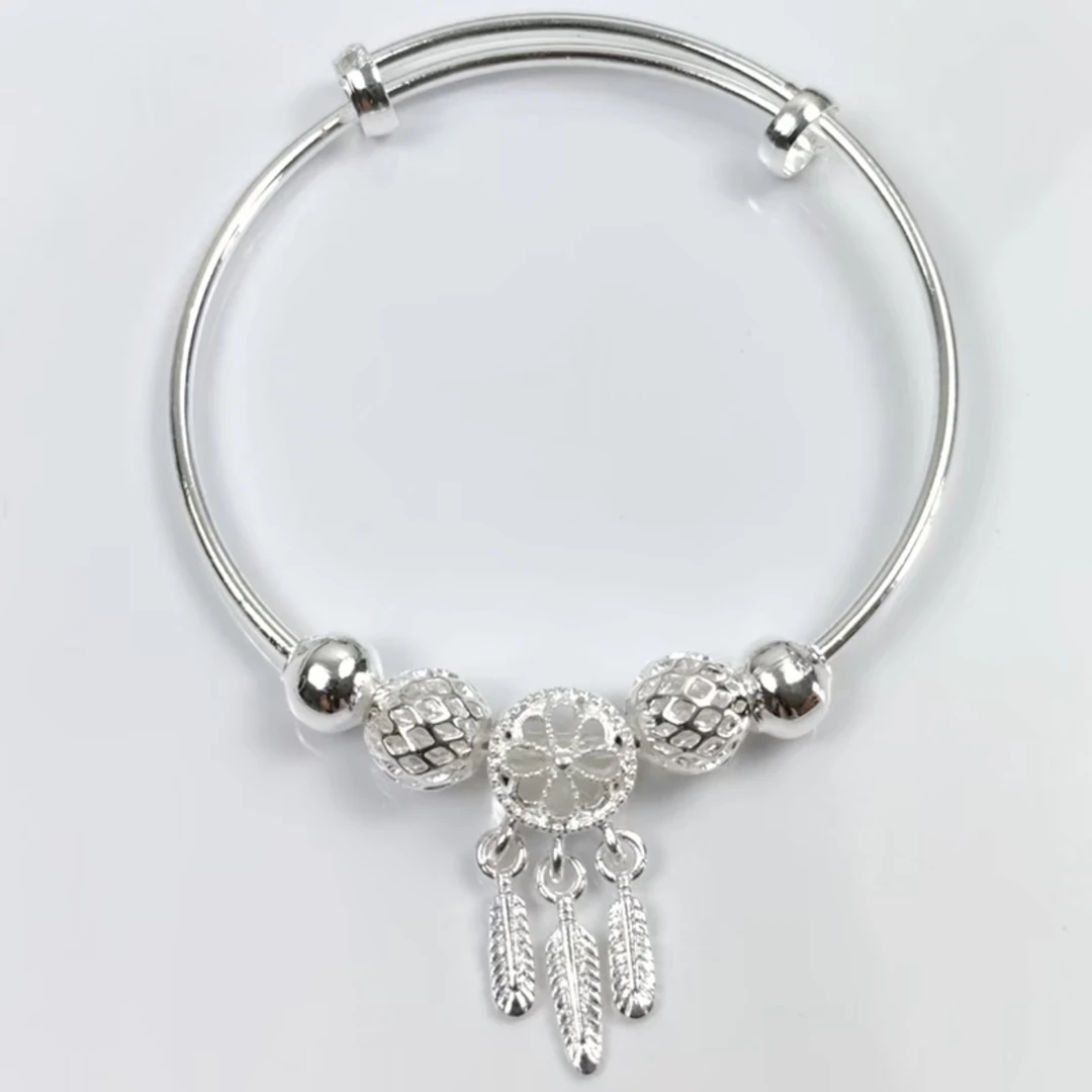 足银手镯 10号 捕梦网推拉实心足银手镯