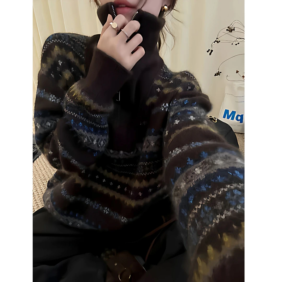 【运费补贴】咖啡色费尔岛女半拉链立领毛衣针织衫开衫显瘦外套