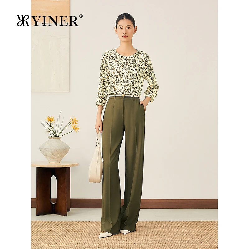 YINER音儿2025秋季新款法式复古花型印花圆领蚕丝真丝衬衫上衣