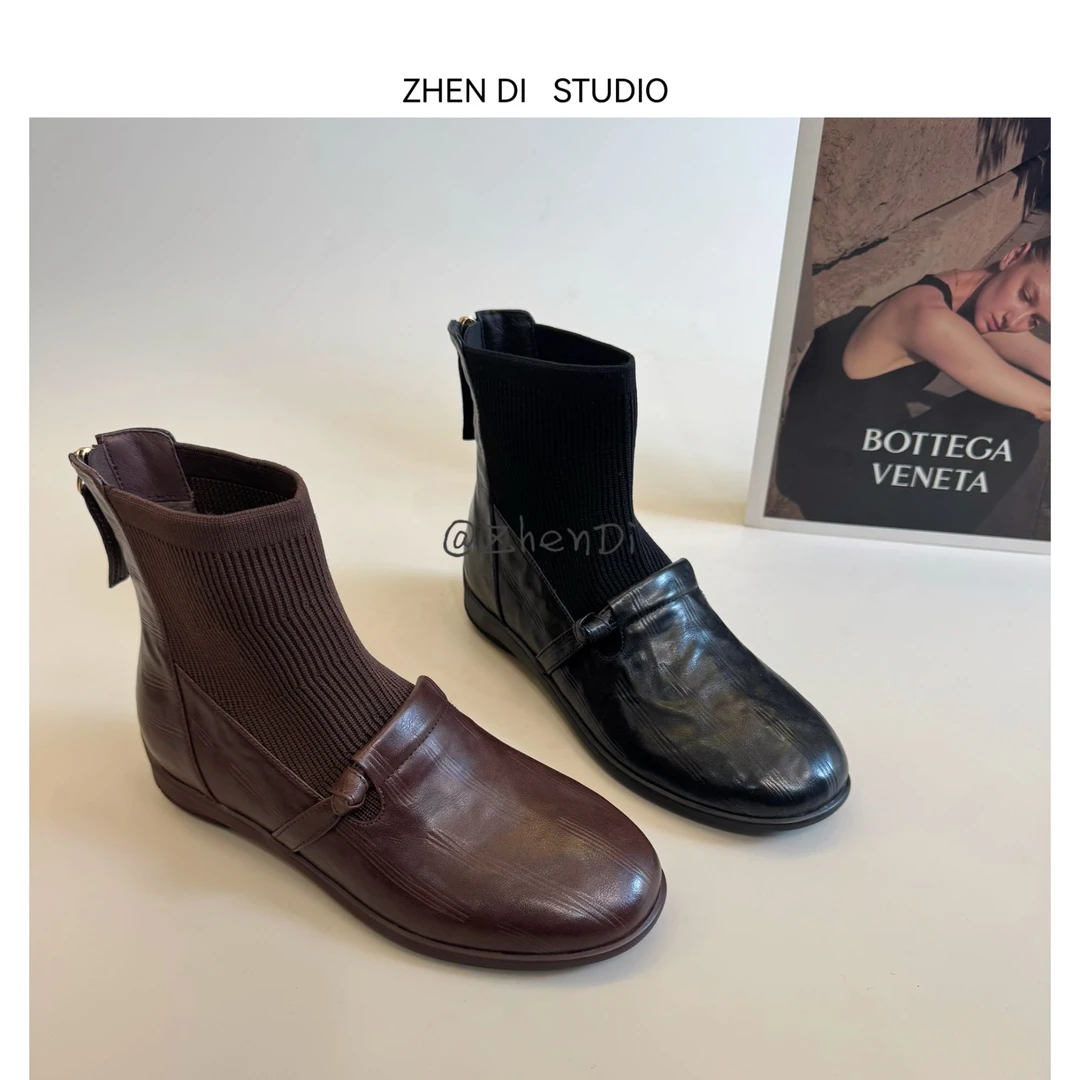 臻弟ZHENDI秋冬新款法式厚底圆头弹力针织短筒瘦瘦女靴TM51156