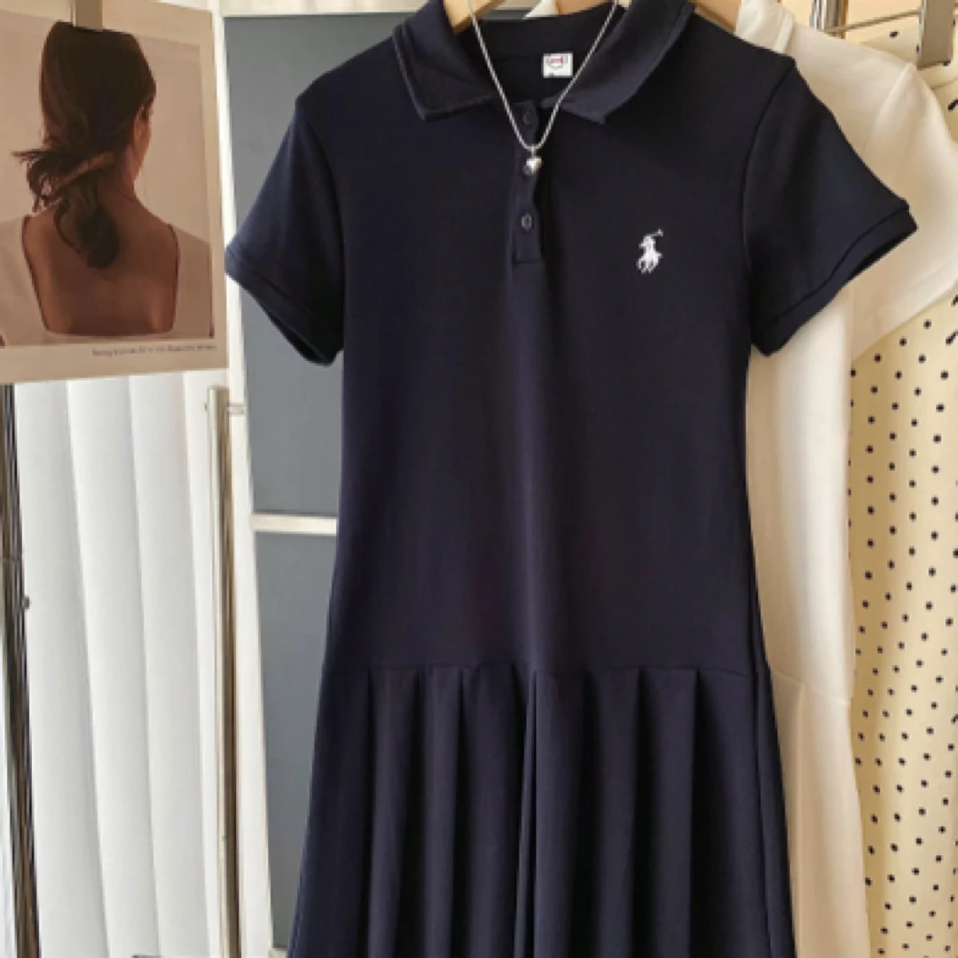 【小个子定制】Polo领刺绣宽松短袖复古学院风收腰显瘦休闲连衣裙