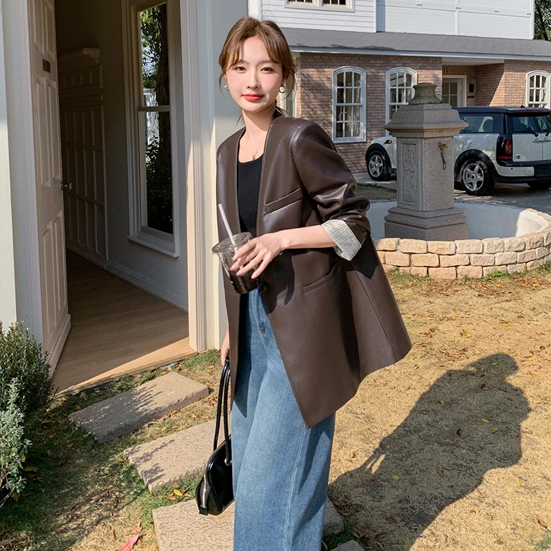 美拉德咖色复古皮衣西装外套女春秋2025新款高级感气质休闲皮夹克