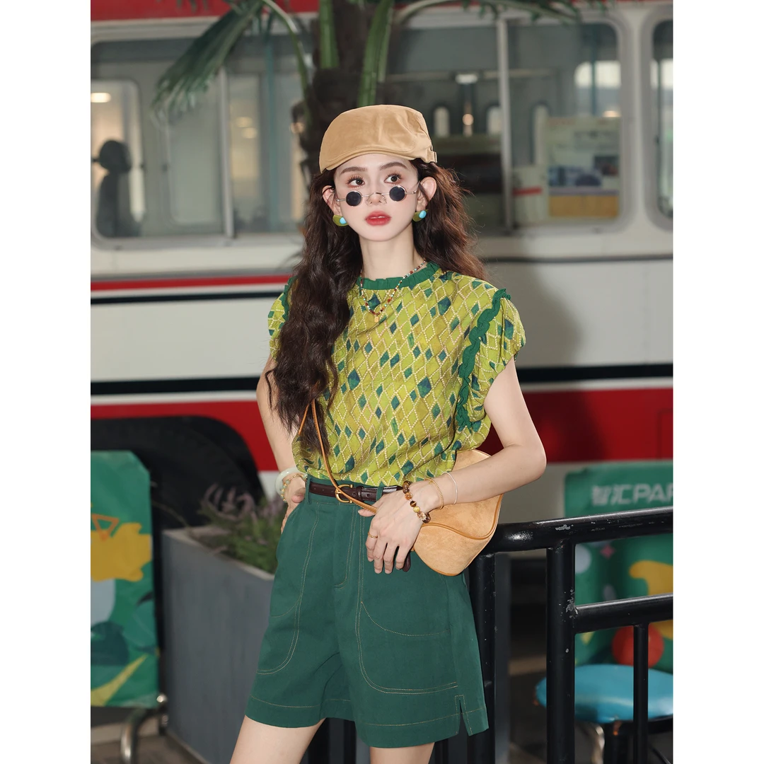 陈大器【春野浮萍】港风复古菱格宽松夏季短袖T恤休闲上衣JW2023618