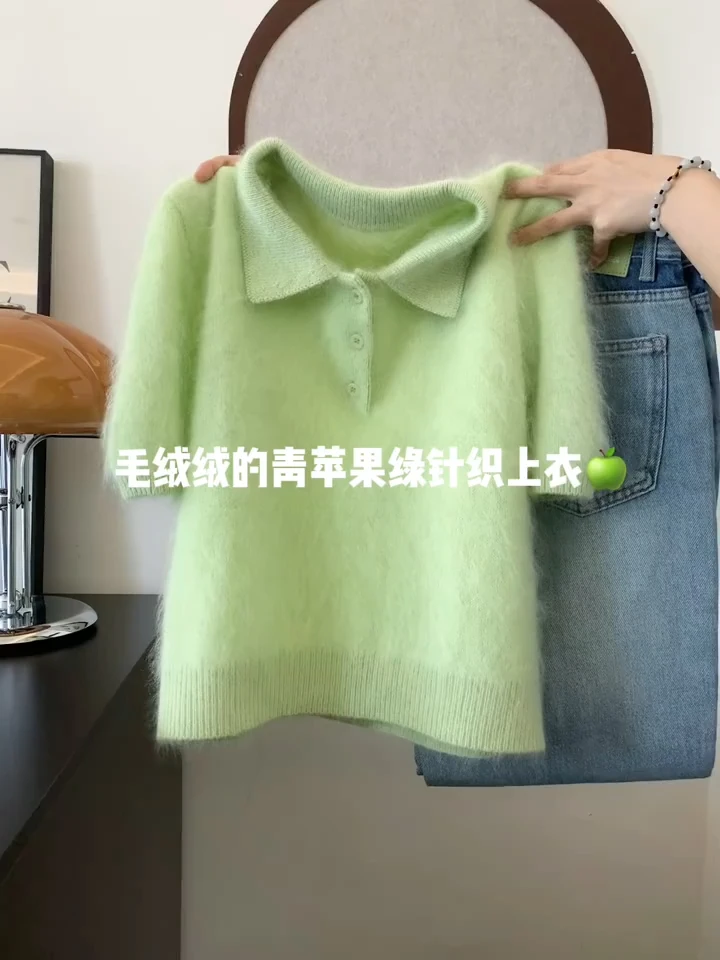 韩系薄荷曼波绿针织衫短袖毛衣女士polo领上衣2025新款秋季穿搭