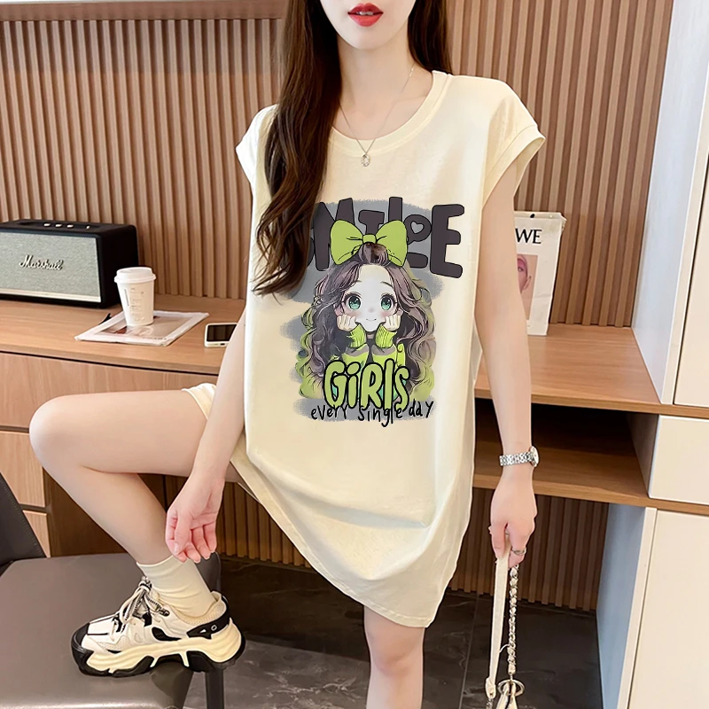 夏季时尚百搭无袖背心女韩版宽松中长款网红洋气减龄卡通印花上衣