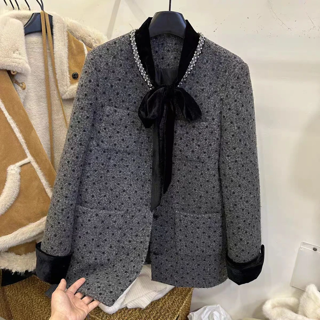 韩系波点镶钻领口小香风棉衣外套女2024冬季新款精致蝴蝶结连衣裙