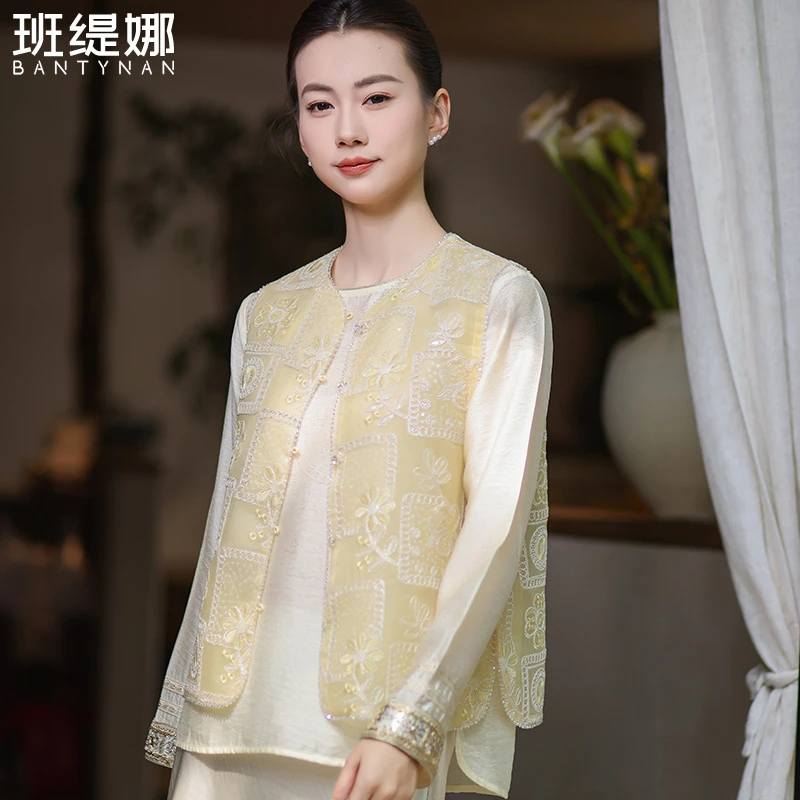 [小方糖]新中式宽松刺绣马甲唐装夏季工字型马夹气质女装国风马甲