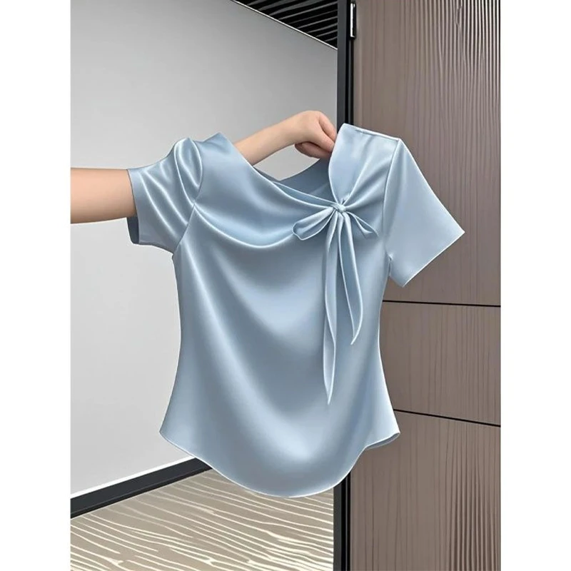 法式蝴蝶结短袖T恤女2025夏季超好看时尚百搭显瘦蓝色设计感上衣