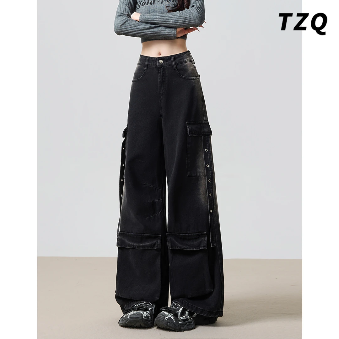 黑色工装牛仔裤女款爆款2025秋早秋款做旧直筒阔腿裤子TZQ2581124