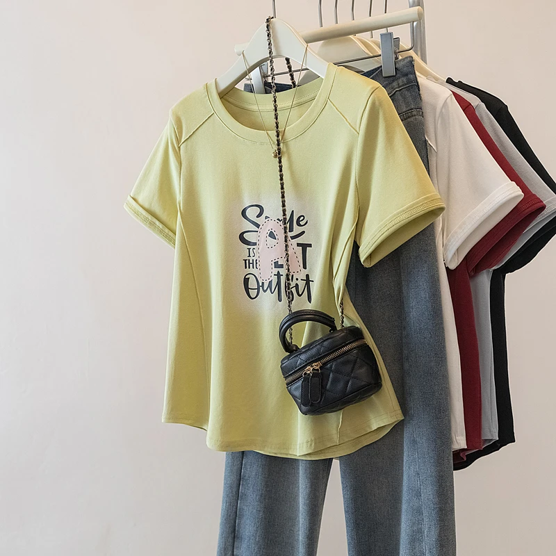 大码女装2025夏季新款甜美字母印花显瘦设计感短袖T恤上衣2099