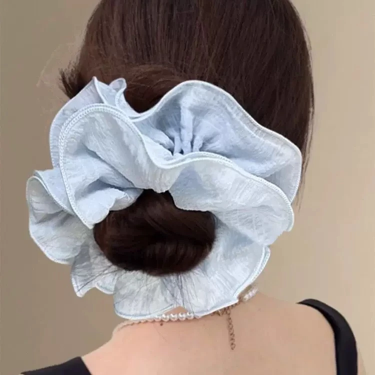 韩版多层褶皱木耳边大肠发圈氛围感日韩系格纹纹理丸子头马尾发圈