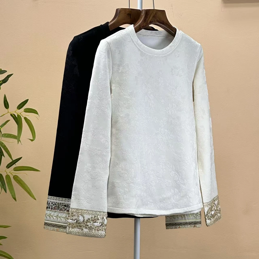 新中式加绒刺绣打底衫国风复古百搭女上衣时尚宽松保暖长袖T恤女