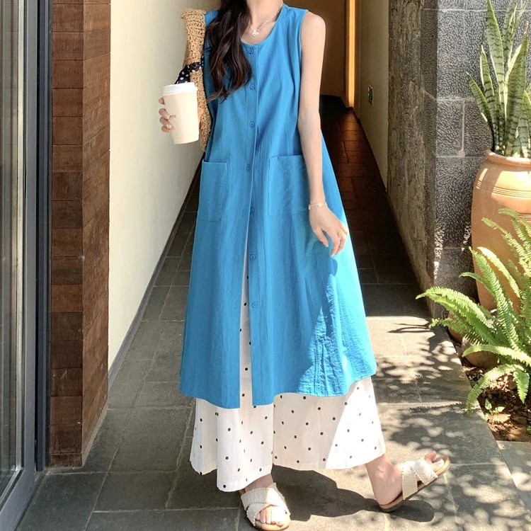 温柔系穿搭蓝色无袖衬衫裙白色波点阔腿裤新款叠穿两件套女夏套装