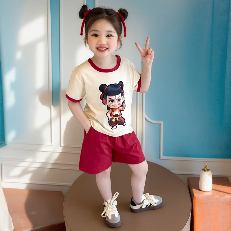 女童夏季短袖套装宝宝哪吒短裤运动俩件套夏款网红公主风中小童装