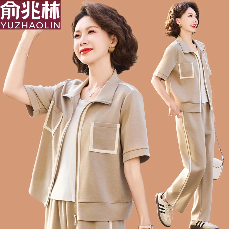 俞兆林小香风妈妈夏装短袖开衫卫衣中老年运动套装女夏季上衣休闲