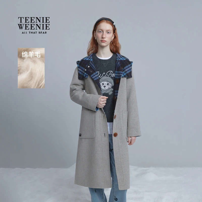TeenieWeenie小熊女装毛呢大衣25年冬新灰色带帽外套TTJW254CC1B