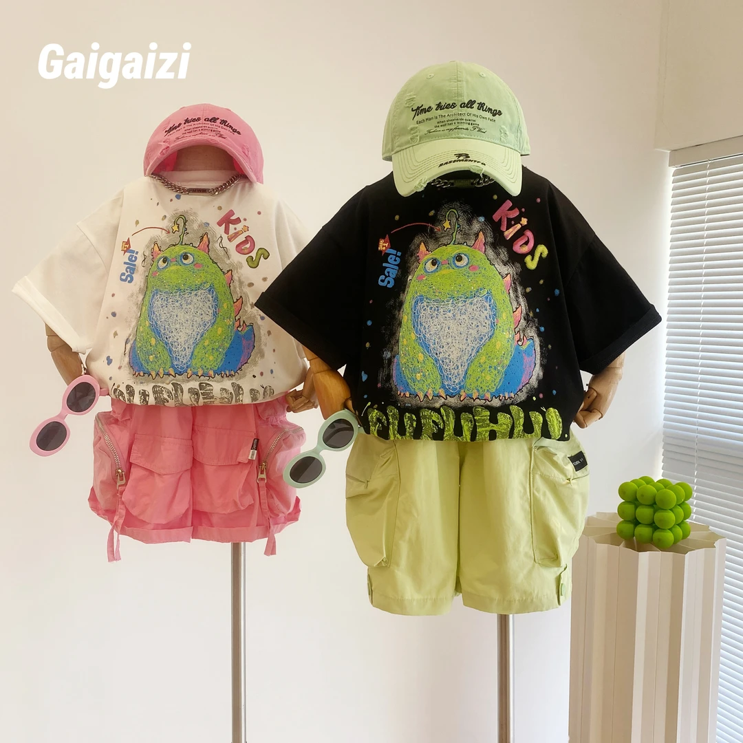 【新宠怪兽狗】儿童夏季薄款潮酷短袖男童帅气涂鸦怪兽狗美式T恤