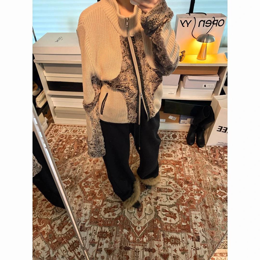 sukiired半高领拼接环保兔毛小众设计感时髦毛衣