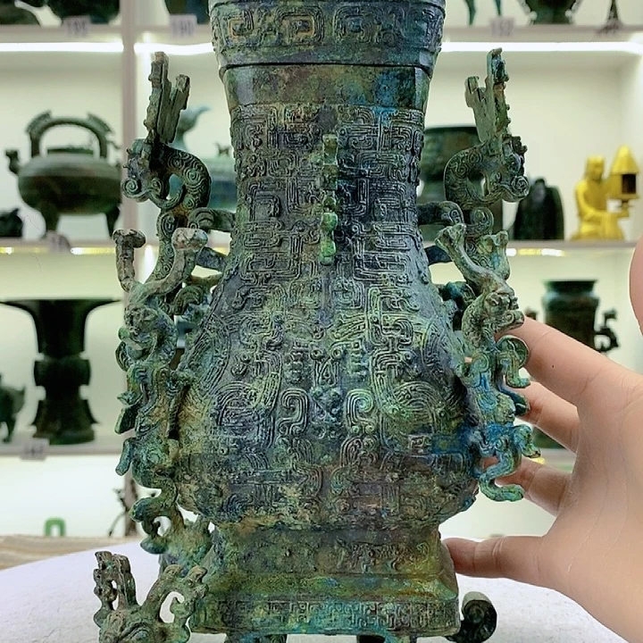 我***公黄铜33莲鹤方壶铜摆件