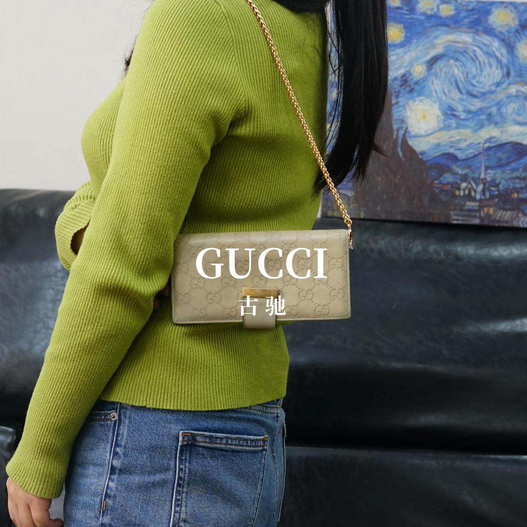 95新 GUCCI/古驰 白色压纹链条钱包/ZZ02112229/2229