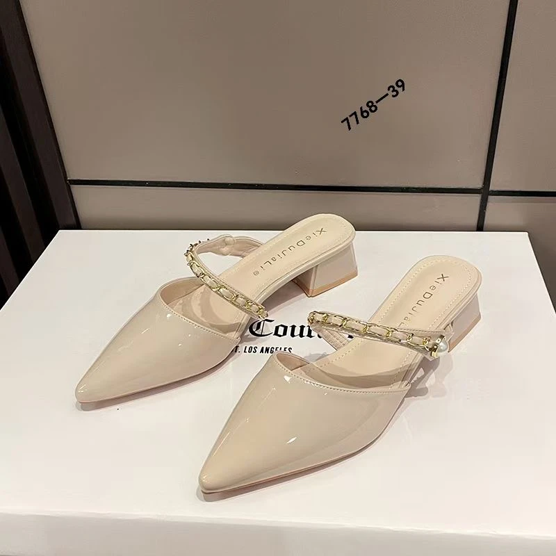 【春季新款2509】裸色粗跟包头凉拖鞋一字带尖头高跟配裙子