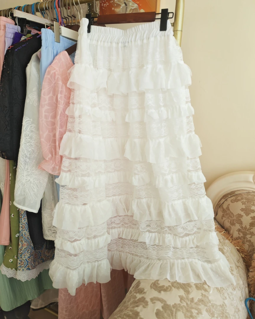 高腰显瘦适中蛋糕裙法式半身裙拼接白色机能风温婉风