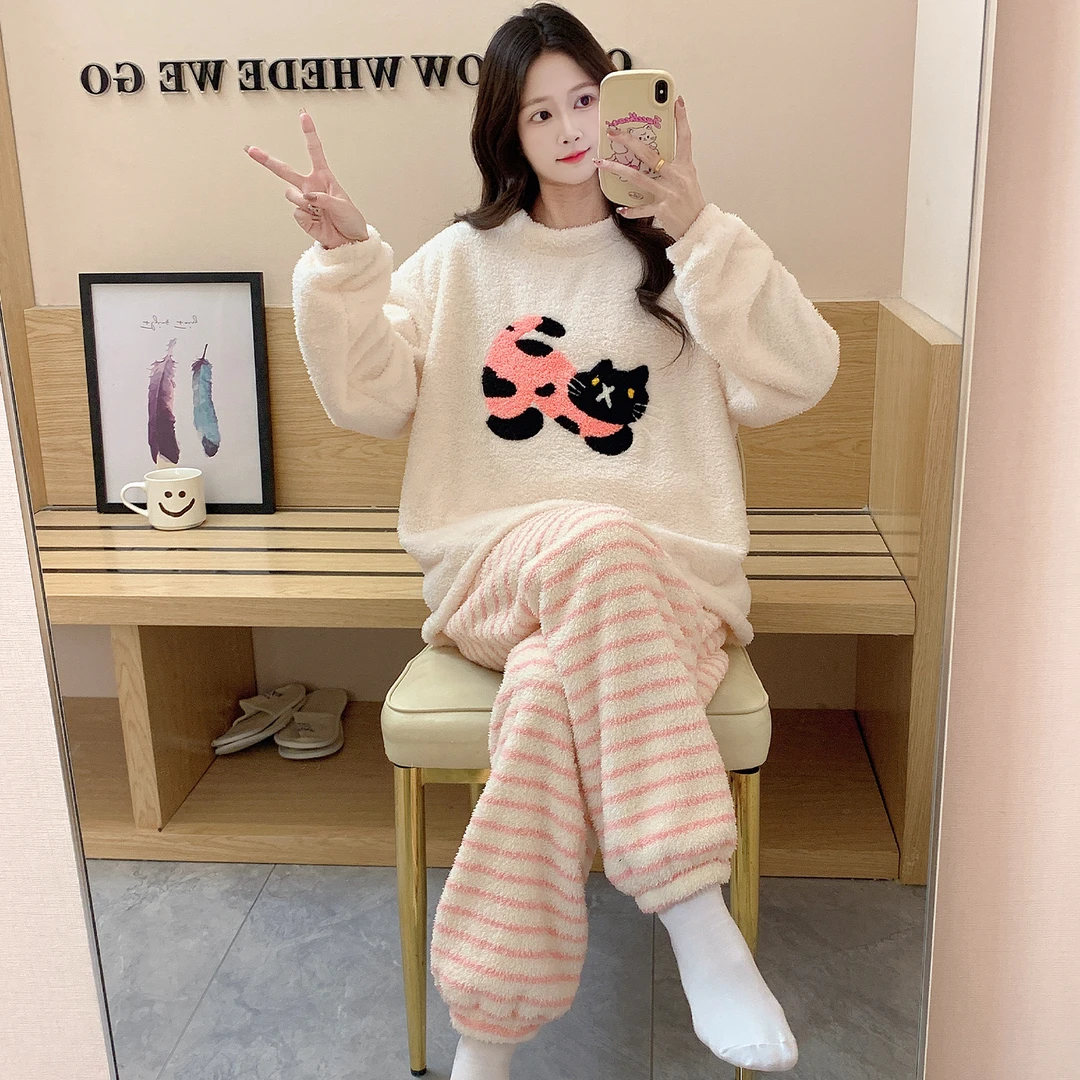 女大学生秋冬季睡衣女长袖长裤条纹猫咪冬季半边绒保暖家居服套装