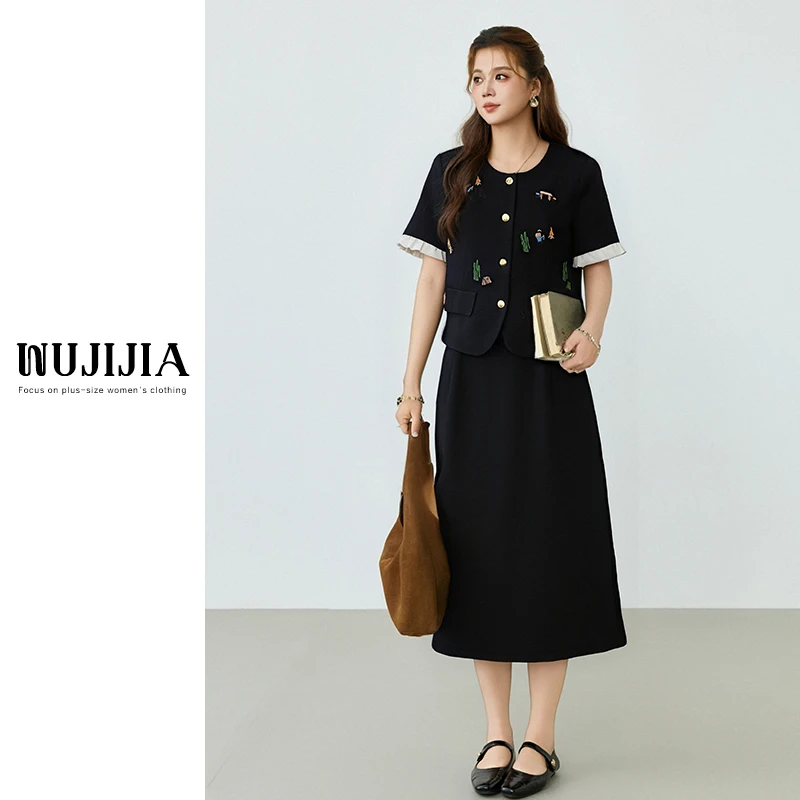 五季家夏季藏青色套装显瘦气质两件套大码女装ZL108871