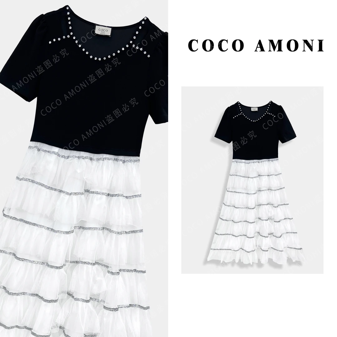 时尚小香风法式拼接重工网纱设计捏褶收腰显瘦气质连衣裙AC271